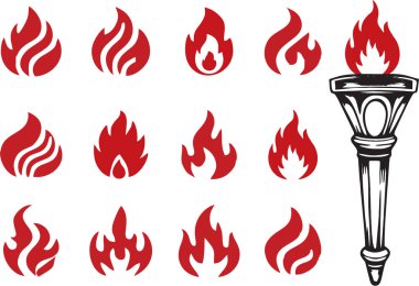 Torch with flame as victory champion icons set. Olympic symbol with red flame. Different style fire flames with torch icon. Fire extinguish equipment marketing idea. clipart