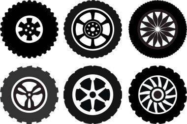 Araba jantları ve tekerlekleri. Otomobil jantları siluet, yuvarlak araç tekerleği, endüstriyel piktogram. Kargo otomatik taşıma lastikleri. Medya ve İnternet 'te Motor Servisi ve bakım atölyesi afişi ve afişi.
