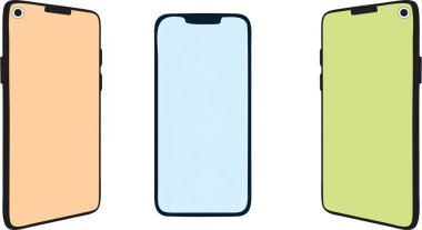 Gerçekçi cep telefonu modelleri farklı açılarda ve boş ekranda. Üç boyutlu modelleme ön, izometrik, perspektif ve döndürülmüş pozisyon. UI, UX akıllı telefonlar, izole cep telefonları..