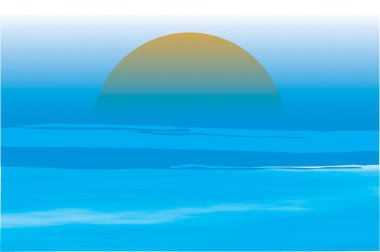 Deniz suyu yüzeyi ile yükselen güneş. Şafağın dingin ve güzel manzarasını yakalıyor. Tatil posteri, afiş ya da el ilanı tasarımı için ideal