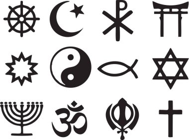 Dini semboller ve İşaretler Ayarlandı. Din ve İnanç Simgeleri. İslam, Hristiyanlık, Yahudilik, Budizm, Hinduizm. Dünya dini günü postası.