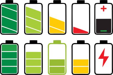 Cep telefonu veya dijital cihazlar için pil seviyesi göstergeleri. UI enerji sembolü cep telefonu, şarj tabelaları. Gadget pil göstergesi. Akümülatör pili, kablosuz enerji simgeleri