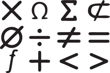 Matematik hesaplama ve işletim simgeleri ve sembolleri. Matematik simgesi beyaz arkaplanda ayarlandı.