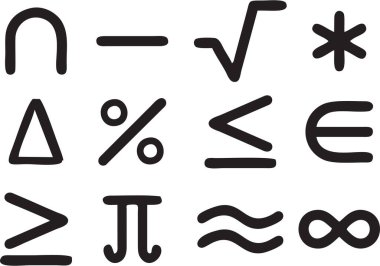 Matematik hesaplama ve işletim simgeleri ve sembolleri. Matematik simgesi beyaz arkaplanda ayarlandı.