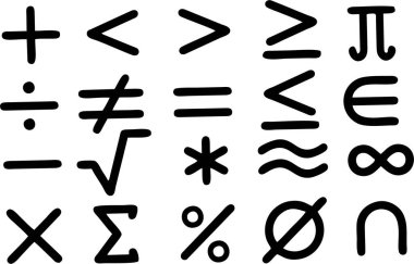 Matematik hesaplama ve işletim simgeleri ve sembolleri. Matematik simgesi beyaz arkaplanda ayarlandı. 