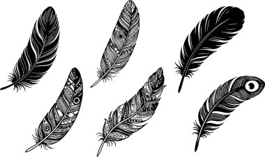 Dekoratif tüy simgeleri ayarlandı. El yapımı tüyler. Kuş tüyü posteri, medya ve internet için pankart tasarımı. Güven, Onur, güç, bilgelik, güç ve özgürlük sembolleri.