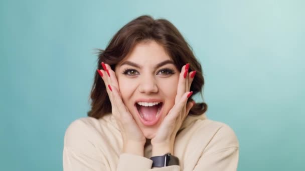 Happy Adolescent Girl Displays Her Perfectly White Healthy Teeth Healthy — Vídeo de Stock