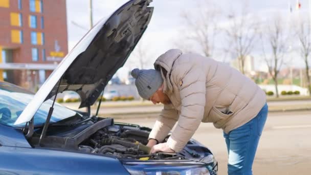 Lone Man Stands Broken Car Looking Worried Working Repair Damage — Video