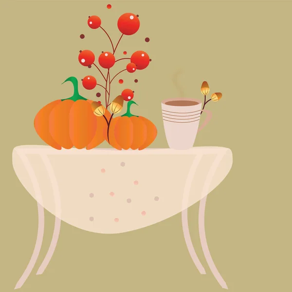 Autumn Theme Vector Table Pumpkins Berries Acorns Hot Coffee Illustration — Stock Vector