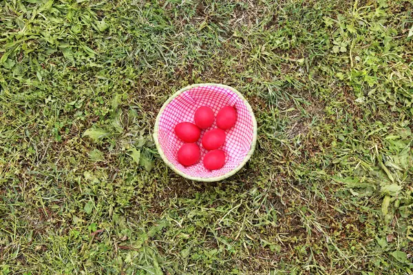 Yeşil Çimlerin Üzerinde Kırmızı Paskalya Yumurtaları Olan Sepet — Stok fotoğraf
