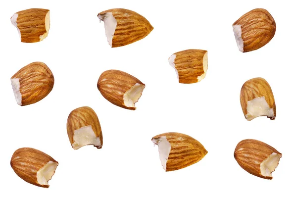 Peeled Almonds Whole Pieces Almond Closeup Full Almond Fly White — Stock Photo, Image