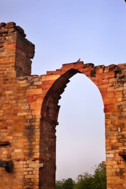 Kutub Minar ile harap olmuş duvar ve kemerlerin taş görüntüsü Unesco Dünya Mirası Sitesi, Yeni Delhi, Hindistan, Asya olarak bilinen Kutub Kompleksi 'nin arka planında.