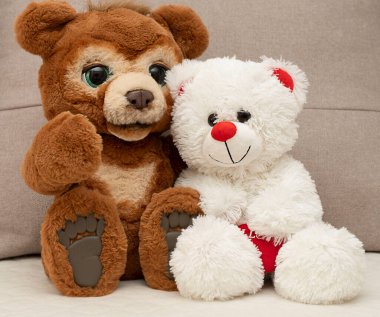 Valentine's Day concept. Two cute teddy bears in brown and white are sitting on a sofa with a red heart. Love. Children's toy. Close-up.