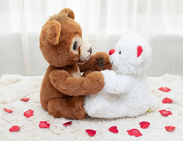 Valentine\'s Day concept. Two cute brown and white teddy bears in love sit on a rug against a window with a red heart and look at each other. Close-up.