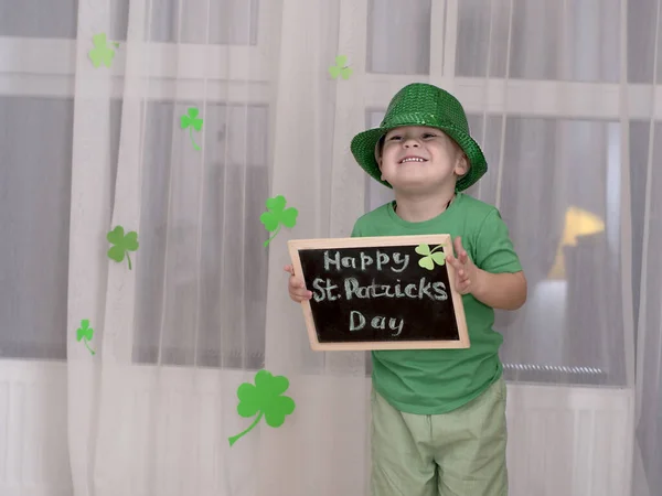 Patricks Day Concept Small Cheerful Caucasian Boy Shiny Green Top Stok Resim