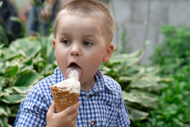 Çocuk dondurma yiyor. 4 yaşında, güzel, beyaz saçlı, neşeli ve duygusal olarak soğuk dondurmayı bir waffle bardağında yalıyor. Yazın yeşil bir parkta yürüyüş yapmak için dilini kullanıyor. Yakın plan..
