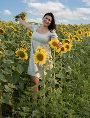 Ukrayna konsepti. Barış sembolü. Beyaz gömlekli, uzun saçlı, güzel ve mutlu bir beyaz kız mavi gökyüzüne karşı sarı ayçiçeği tarlasında duruyor..