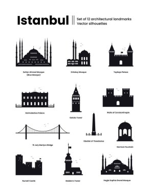 İstanbul hindi konsepti. 12 mimari simge seti. Yol işaretleri bulmak için siluetler. Beyaz arkaplanda vektör illüstrasyonu