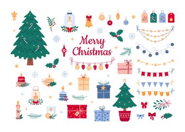 Tatlı Noel ve mevsimlik elementlerin yeni yıl koleksiyonu. Beyaz arkaplanda vektör illüstrasyonu