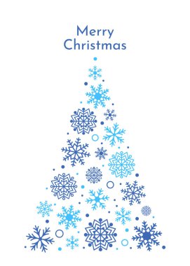 Noel kavramı. Farklı şekil ve boyutlarda kar tanelerinden oluşan şirin bir Noel ağacı. Noel kartı. Vektör illüstrasyonu