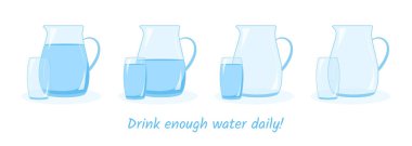 Water balance concept. Set of 4 pictures. A jug and a glass of water. The concept of drinking enough water throughout the day. Vector illustration in a flat style