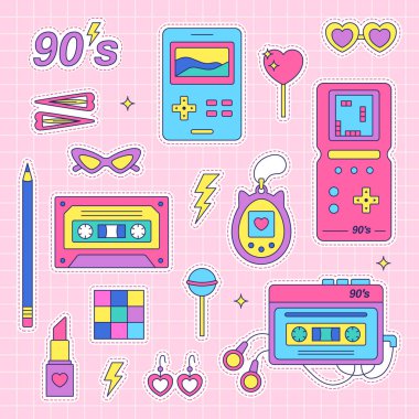 90s stickers pack. Set of trendy retro elements. Bright vector illustration