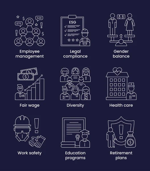 Set icons social, ESG concept. Icons with captions. Vector illustration isolated on a dark background.