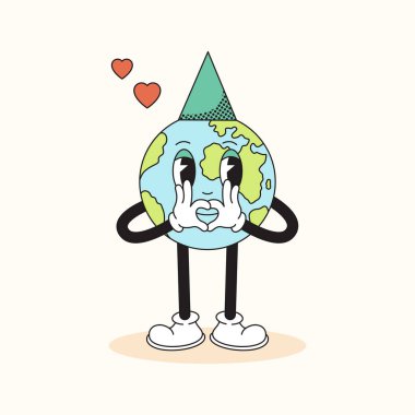 70 'lerin modası geçmiş Dünya karakteri. Dünya Günü konsepti. Çizgi film tarzında vektör illüstrasyonu.