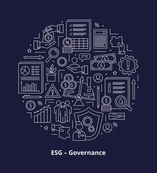 ESG Yönetim kavramları, simgeler ayarlandı. Simgeler daireler çiziyor. Vektör illüstrasyonu koyu bir arkaplanda izole edildi.