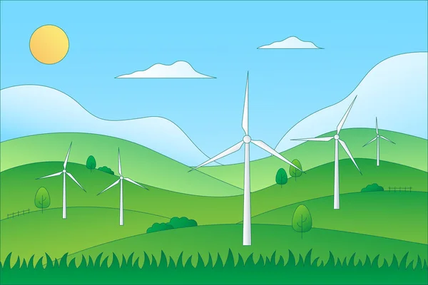 Renewable energy, ESG concept. Green landscape with wind turbines. Gradient. Cute illustration.