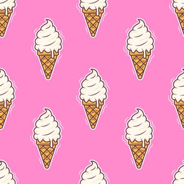 Dondurma külahı kusursuz çizgi film stili. Pembe arkaplanda izole edilmiş vektör illüstrasyonu.