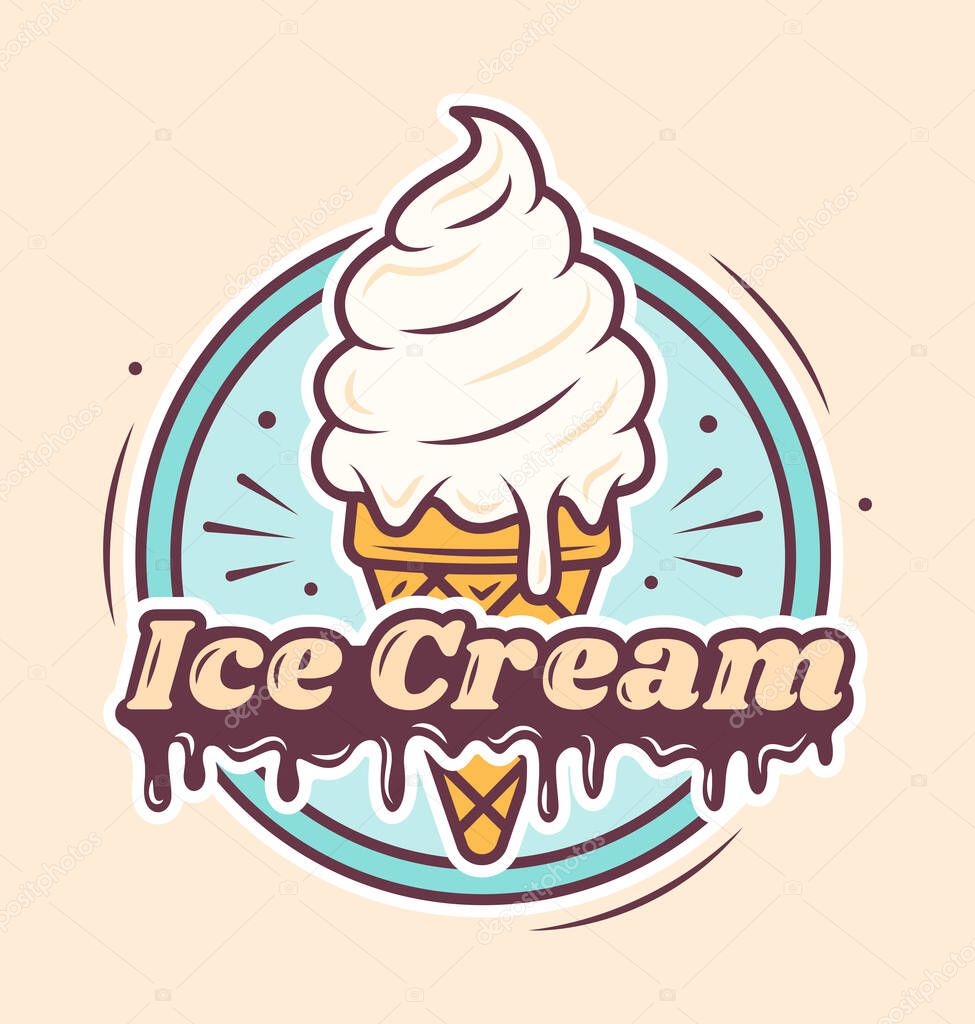 Ice Cream Cafe logo cartoon design. Ice cream in a waffle cone with a text. Template. Cute illustration.