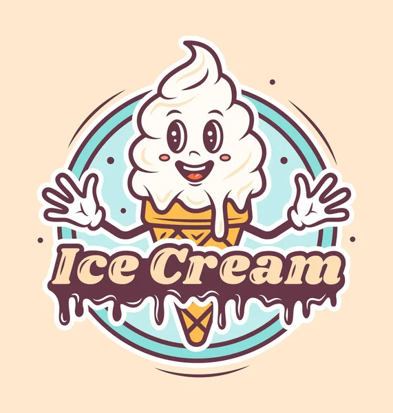 Логотип Кафе Мороженого Милый Персонаж Мультфильма Мороженое Вафельном Конусе Текстом — стоковый вектор