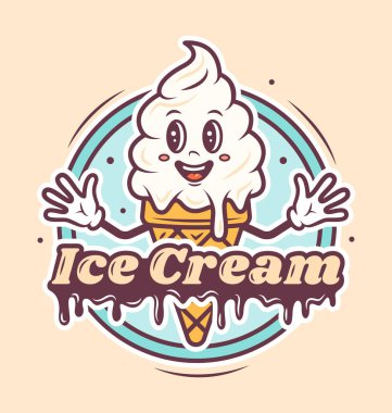 Dondurma kafe logosu, sevimli karakter çizgi film tasarımı. Waffle külahında mesaj ile dondurma. Şablon. Sevimli illüstrasyon.