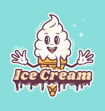 Dondurma kafe logosu, sevimli karakter çizgi film tasarımı. Waffle külahında mesaj ile dondurma. Şablon. Sevimli illüstrasyon.