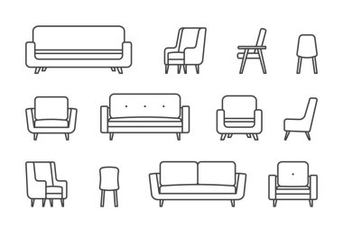 Konforlu ev tasarım simgeleri ayarlandı. İç mobilyalar. Koltuk, koltuk, sandalye. Beyaz arkaplanda vektör satırı çizimi.