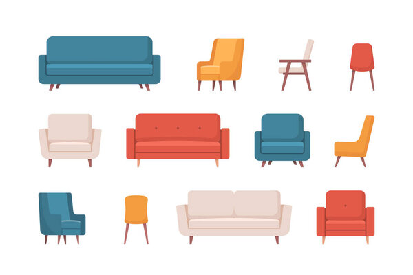 Уютный набор предметов домашнего дизайна. Внутренняя мебель. Диван, кресло, стул. Векторная иллюстрация в плоском стиле.