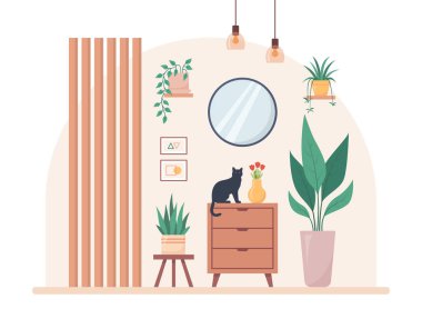 Konforlu ev dekorasyonu konsepti. Oturma odasının içi. Düz biçimli vektör illüstrasyonu.