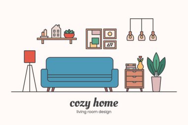 Konforlu ev dekorasyonu konsepti. Oturma odasının içi. Vektör satırı illüstrasyonu.