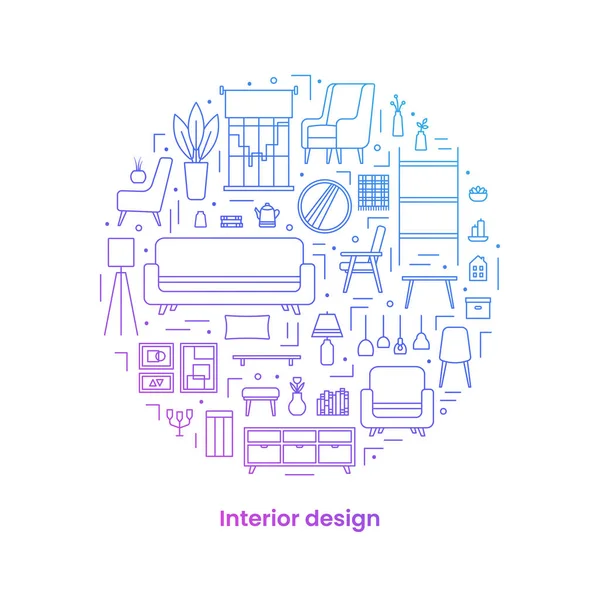 Simgeler, iç tasarım konsepti. Simgeler daire şeklinde dizilmişler. Pankart. Şablon. Gradyan. Beyaz arkaplanda vektör satırı çizimi.