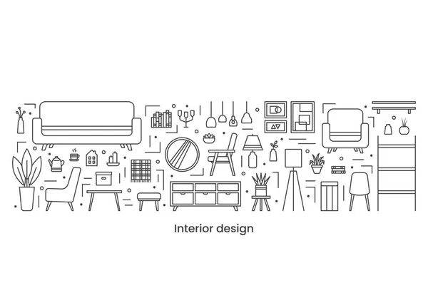 Set Icons Interior Design Concept Banner Template Vector Line Illustration — Stock Vector