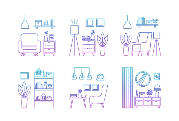 Set Icons Interior Design Concept Living Room Interior Gradient Vector — Stock Vector