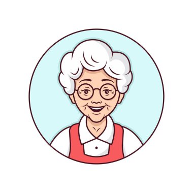 Mutlu yaşlı kadın portresi tasarımı. Yaşlı bir dişinin Avatar 'ı. Şirin vektör çizgisi çizimi.