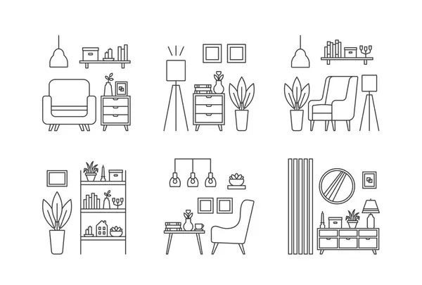 Set Icons Interior Design Concept Living Room Interior Vector Line — Stock Vector