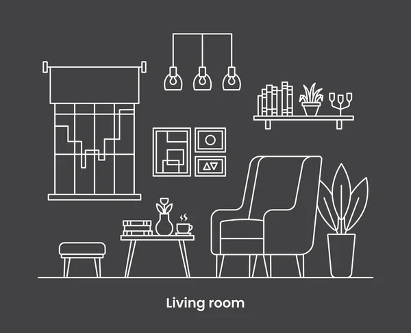 Cozy Home Interior Design Concept Living Room Interior Vector Line — Stock Vector