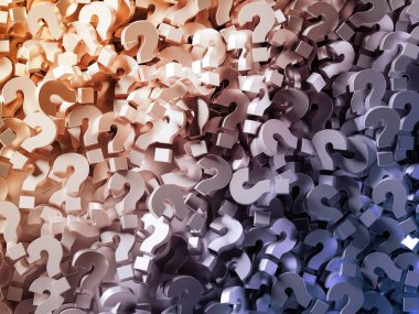 Sonsuz ve renkli soru işaretleri, iş ve insan seçimleri teması, orijinal 3D oluşturma