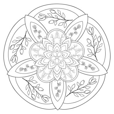 A zen tangle mandala image with flowers for relaxation and meditation, line art style, symbol of religion. clipart