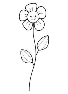 Şirin kawaii karakteri, rahatlatıcı ve renkli bir çiçek, baskı için çizgi sanatı çizimi. Poster tasarımı.