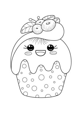 Şirin kawaii karakteri, rahatlama ve boyama için bir kek, baskı için çizgi sanatı çizimi. Poster tasarımı.
