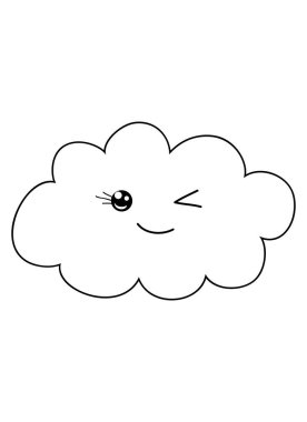 Şirin kawaii karakteri, rahatlatıcı ve renkli bir bulut, baskı için çizgi sanatı çizimi. Poster tasarımı.
